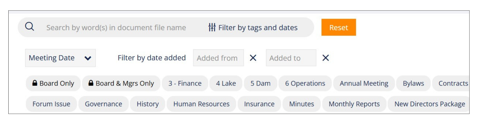Documents tags and filter options in BoardSpace